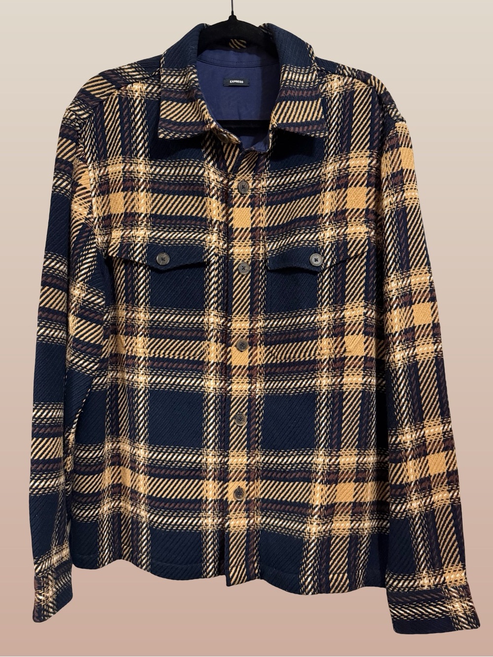Express Plaid Lightweight Shacket - Navy & Beige